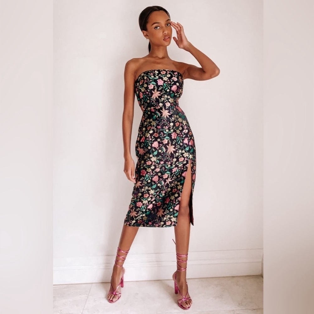 Lulus Make a Move Black Satin Floral Jacquard Strapless Midi Dress